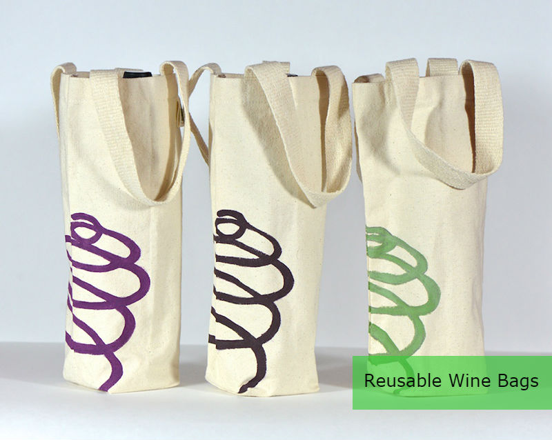 Natural cotton wine bags with rope handles and purple, black and green printed wine designs