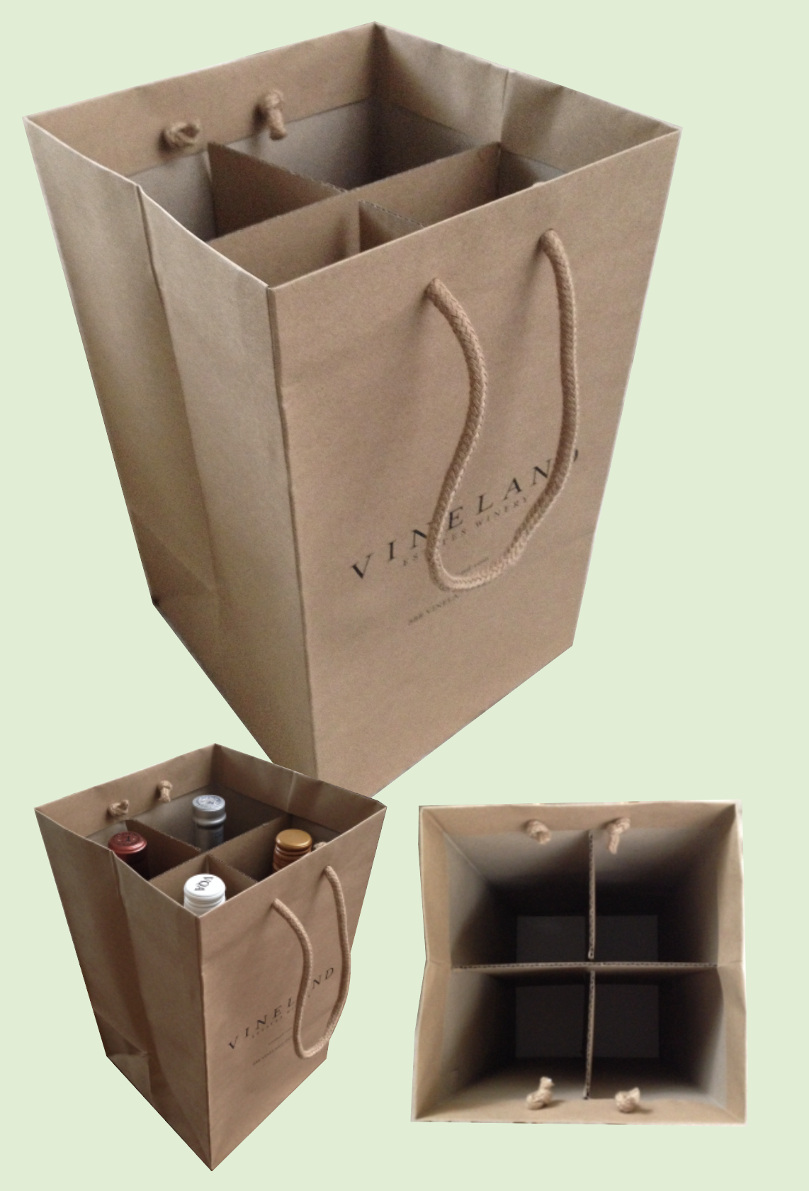 Brown paper wine carrier shown with bottle dividers and different views of the interior