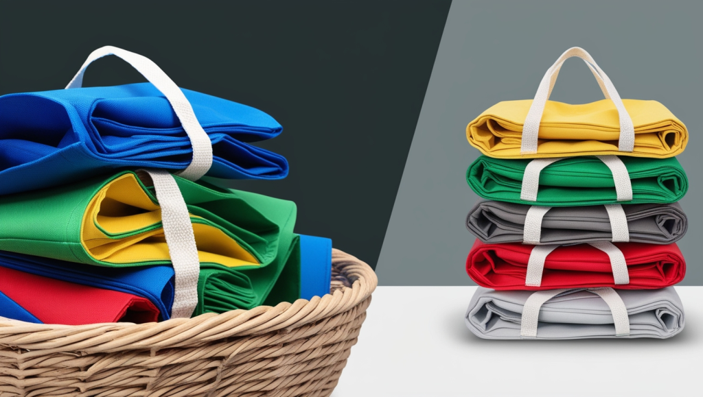 Colourful reusable bags folded into stacks beside a basket of shopping bags