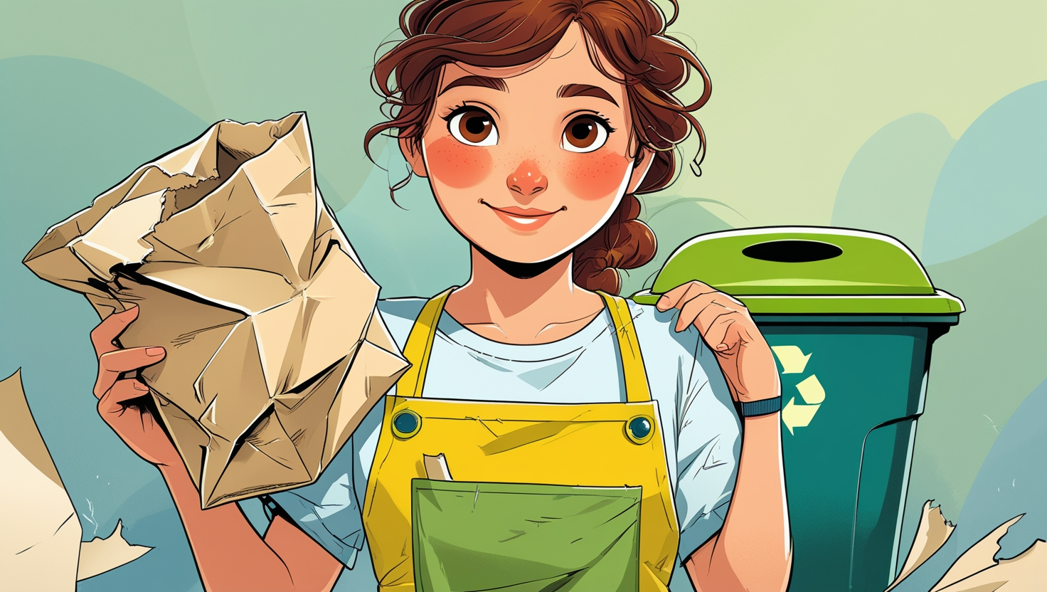 Illustration of a child holding used paper bags beside a green recycling bin