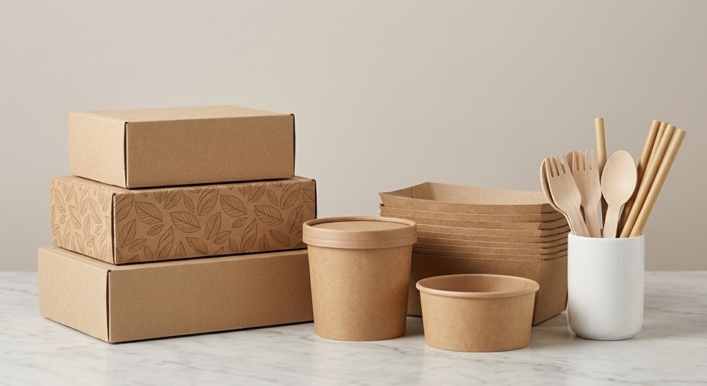 Kraft paper boxes, takeaway containers and cups with wooden cutlery