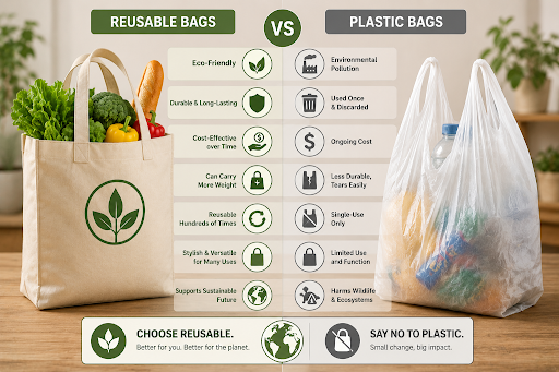 Infographic comparing a reusable grocery tote and a plastic shopping bag