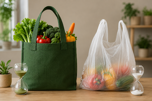 Green reusable grocery tote and white plastic bag filled with fresh produce
