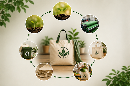 Circular illustration showing stages in the lifecycle of a reusable shopping bag