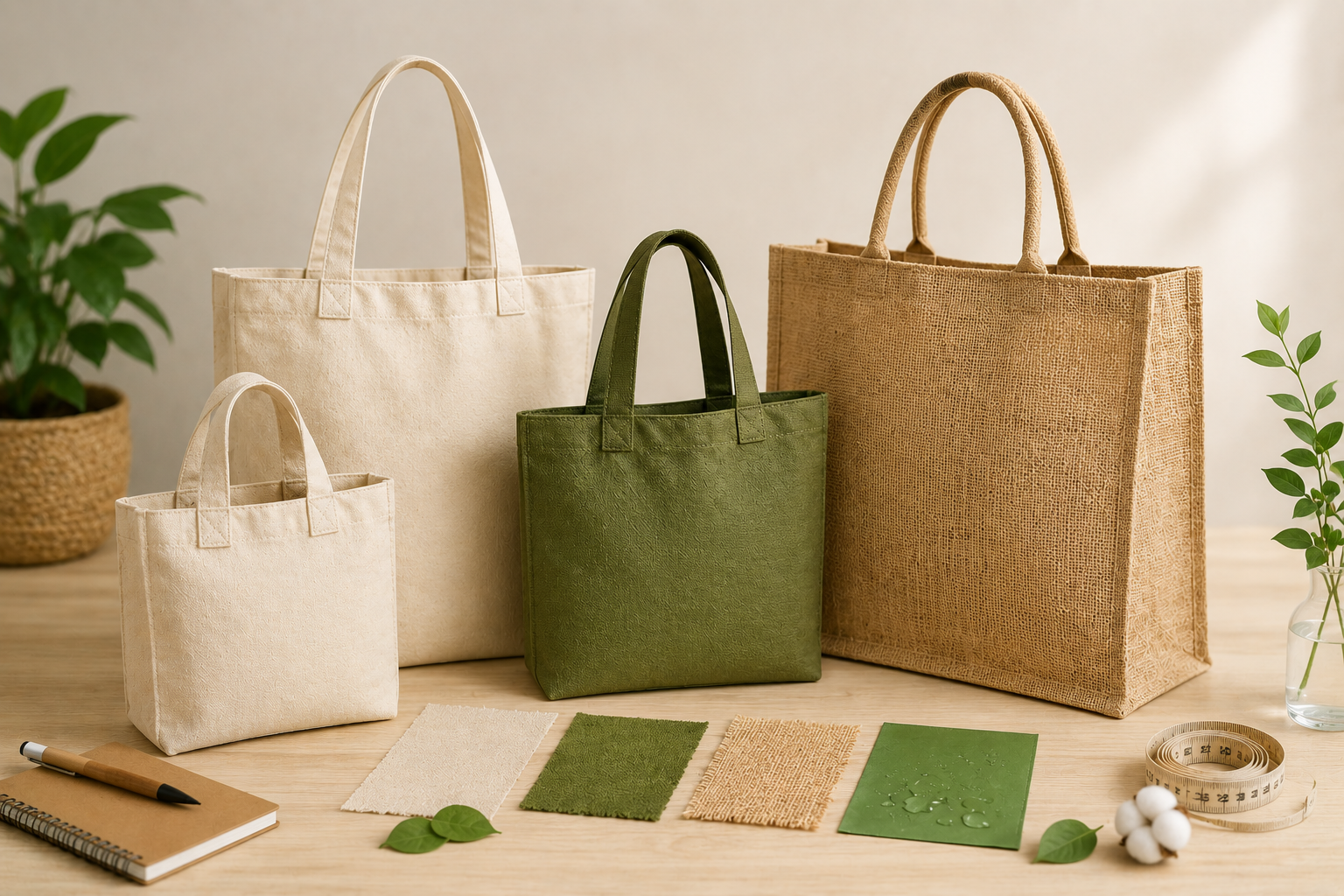 Natural, green and brown reusable shopping bags beside material swatches and measuring tools