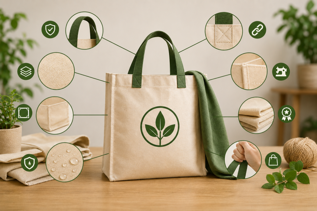 Illustration of green and natural reusable shopping bags with callouts for construction and materials