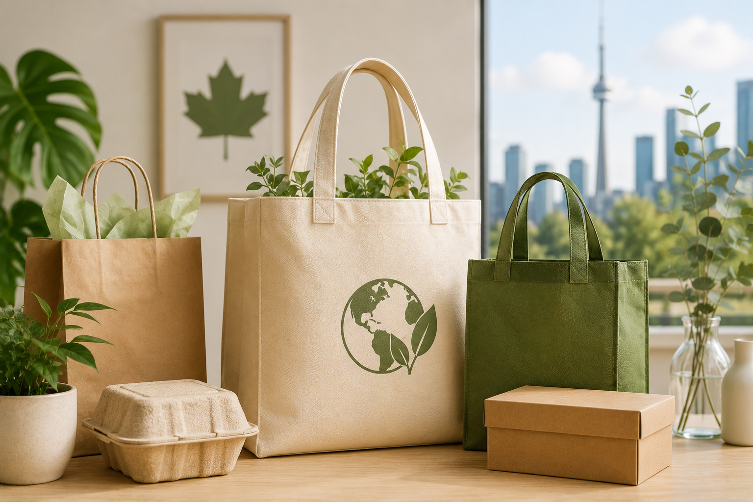 Kraft paper and reusable shopping bags with eco-themed graphics and Canadian imagery