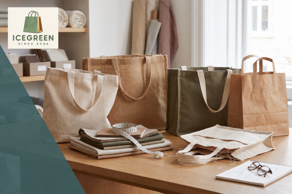 Assorted reusable shopping bags with paper samples, colour swatches and order planning notes