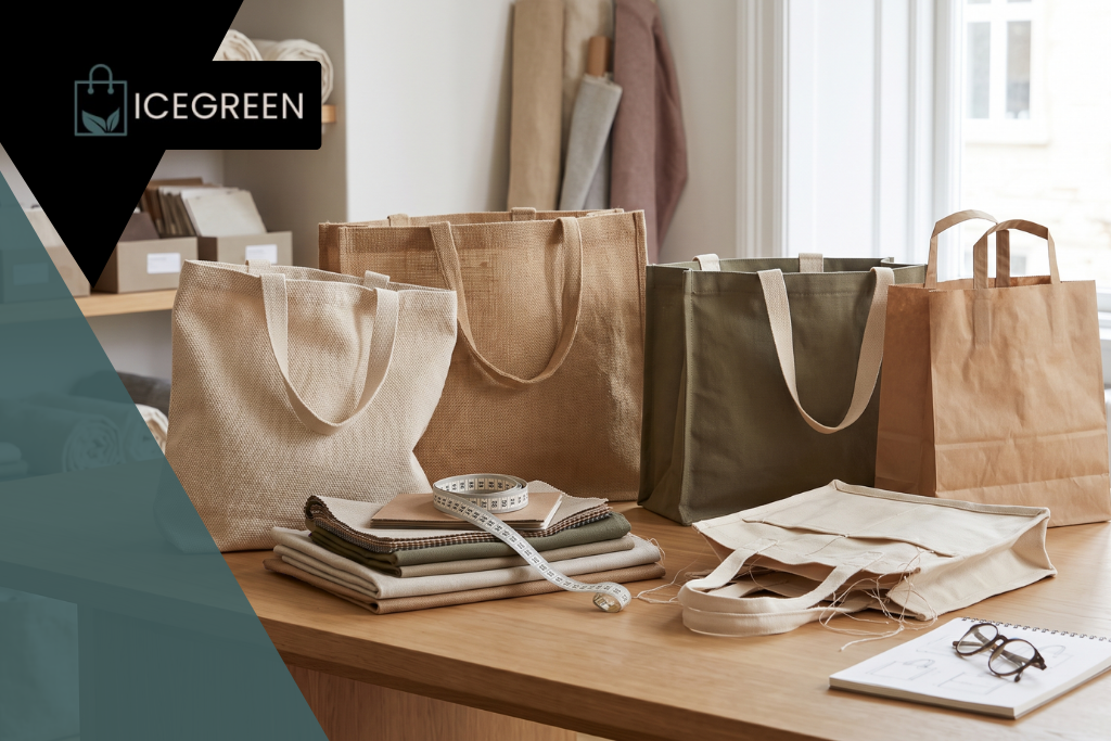 Assorted reusable shopping bags with paper samples, colour swatches and order planning notes