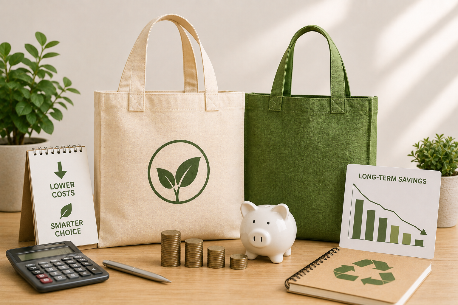Natural and green reusable shopping bags with a leaf logo beside order planning materials