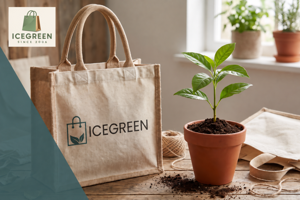 Natural Icegreen reusable tote beside a plant illustrating giving back through 1% for the Planet