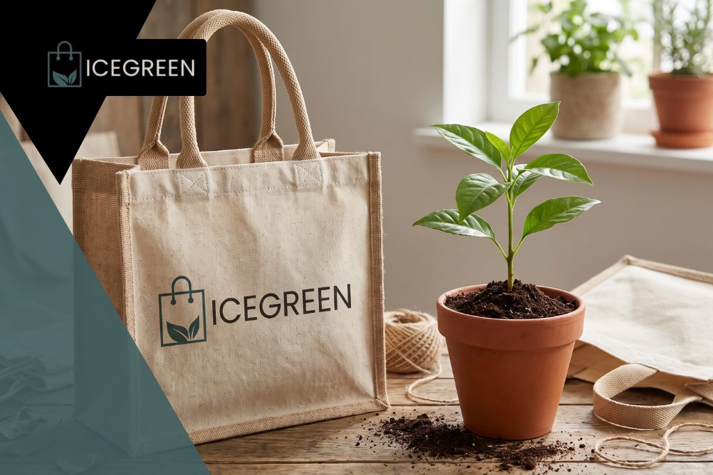 Natural Icegreen reusable tote beside a plant illustrating giving back through 1% for the Planet