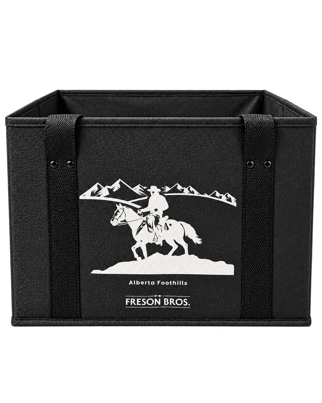 Open black Freson Bros reusable grocery box with side handles
