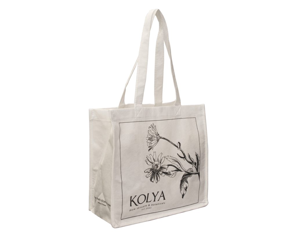 Natural-colour bamboo shopping bag with long handles and a black floral KOLYA print