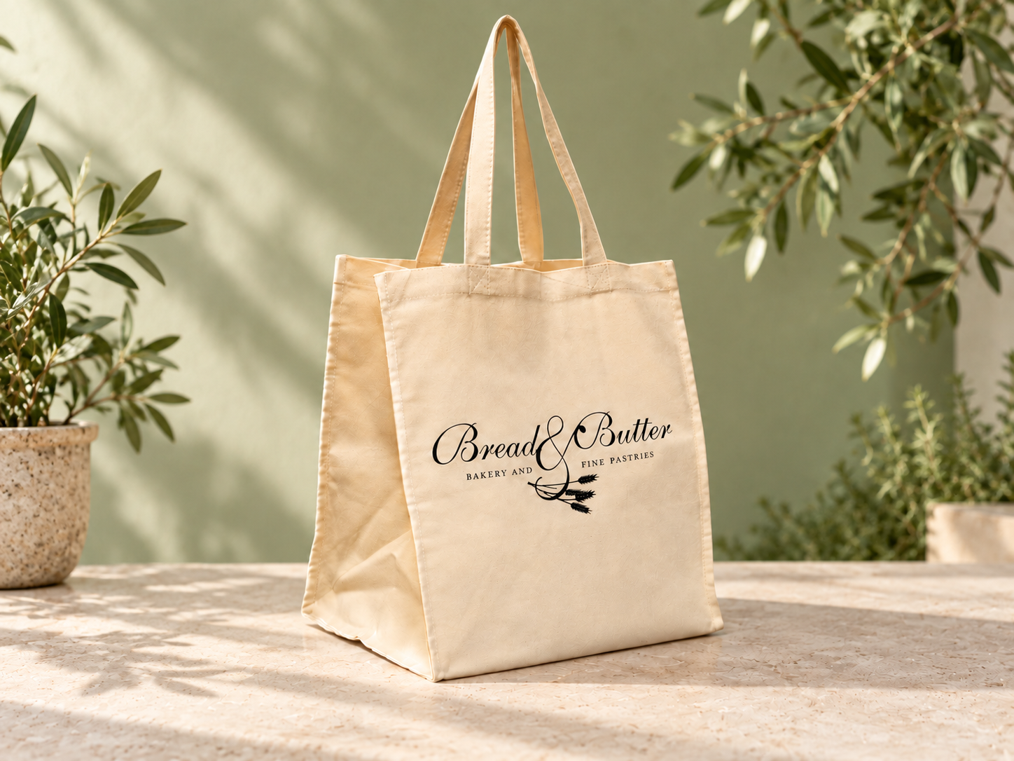 Natural cotton Bread and Butter tote with long handles on a sunlit counter