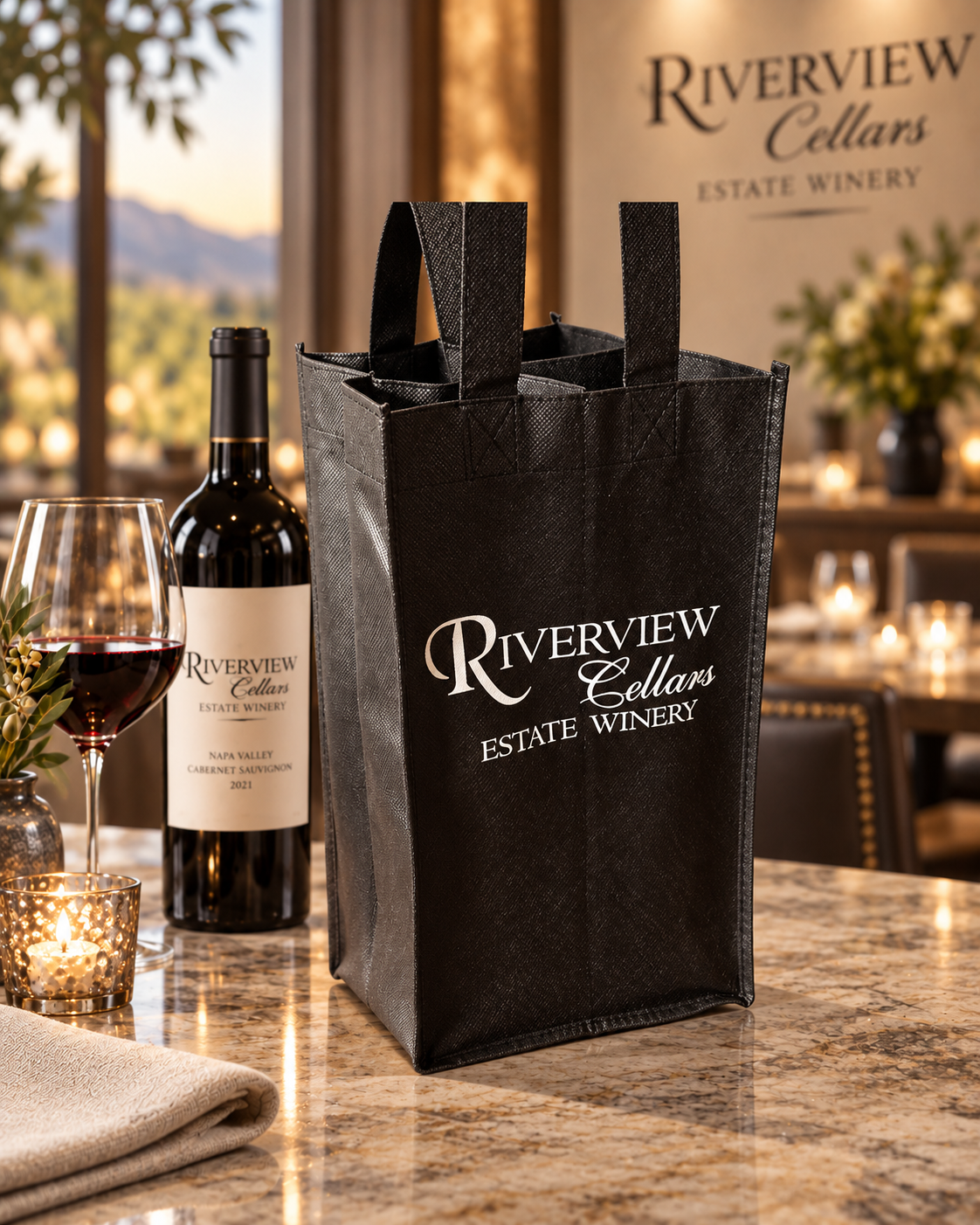 Brown Riverview Cellars reusable wine carrier with bottles and black handles in a winery