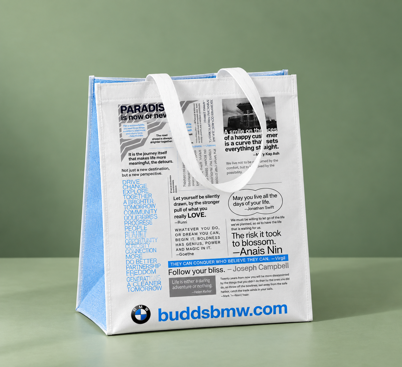 White Budds' BMW reusable shopping bag with white handles and blue and black printing
