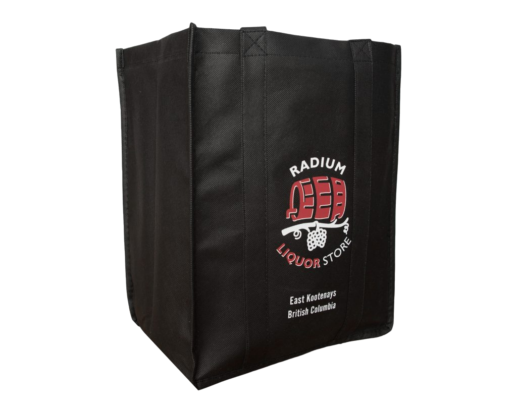 Black Radium six-bottle reusable wine bag with carrying handles and a printed logo