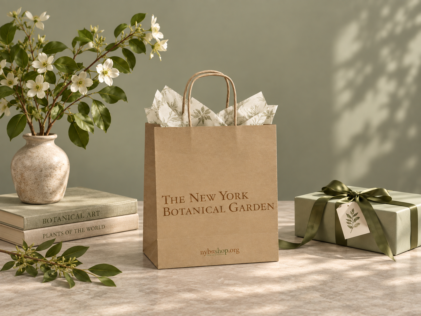 New York Botanical Garden bag with flowers, books and gift