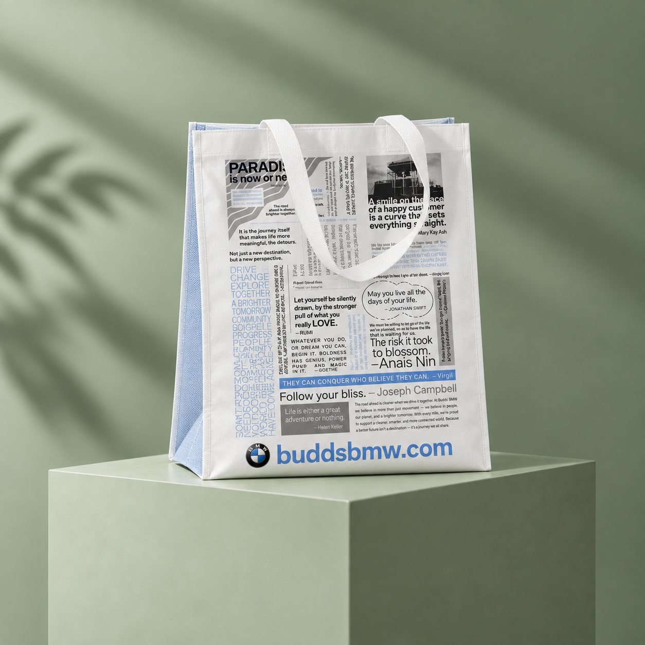 BMW reusable bag on a studio pedestal