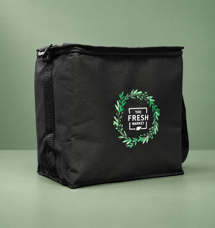 THE FRESH MARKET nylon thermal bag on a sage green studio background