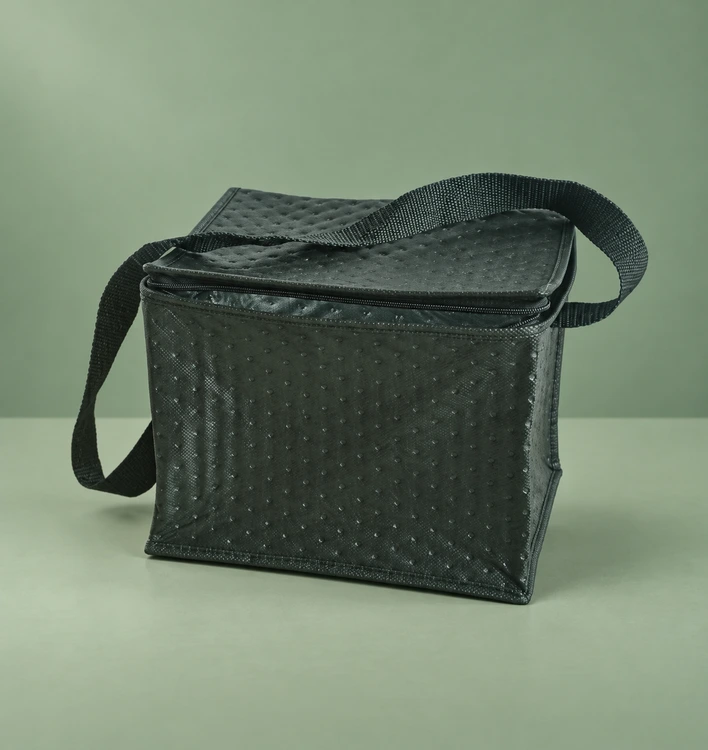 Thermal lunch bag on a sage green studio background