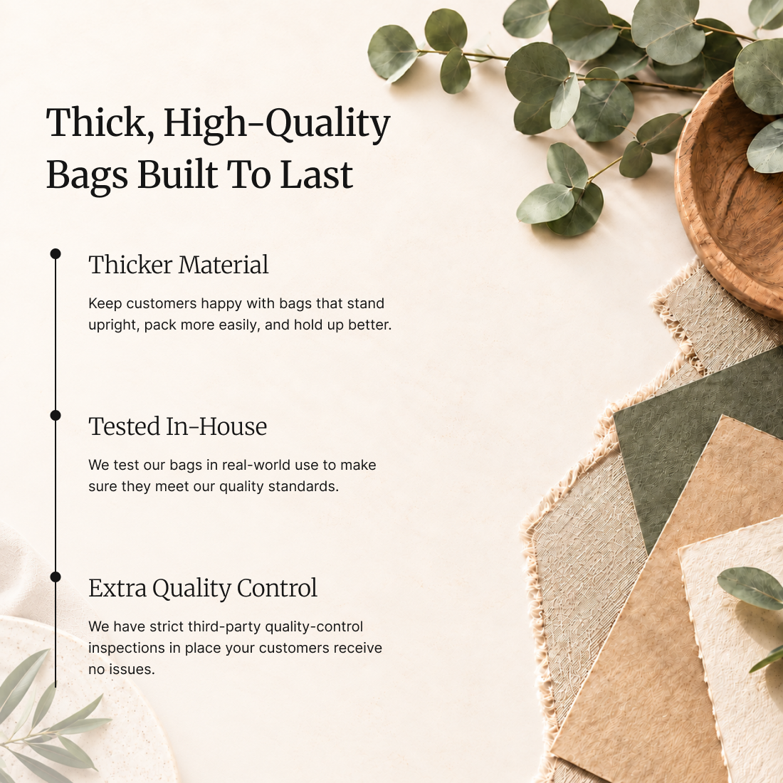Reusable bag quality graphic describing thicker materials, in-house testing and extra quality control